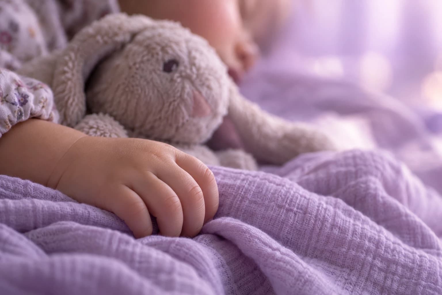 A sleeping toddler's hand resting on a lilac blanket beside a plush bunny