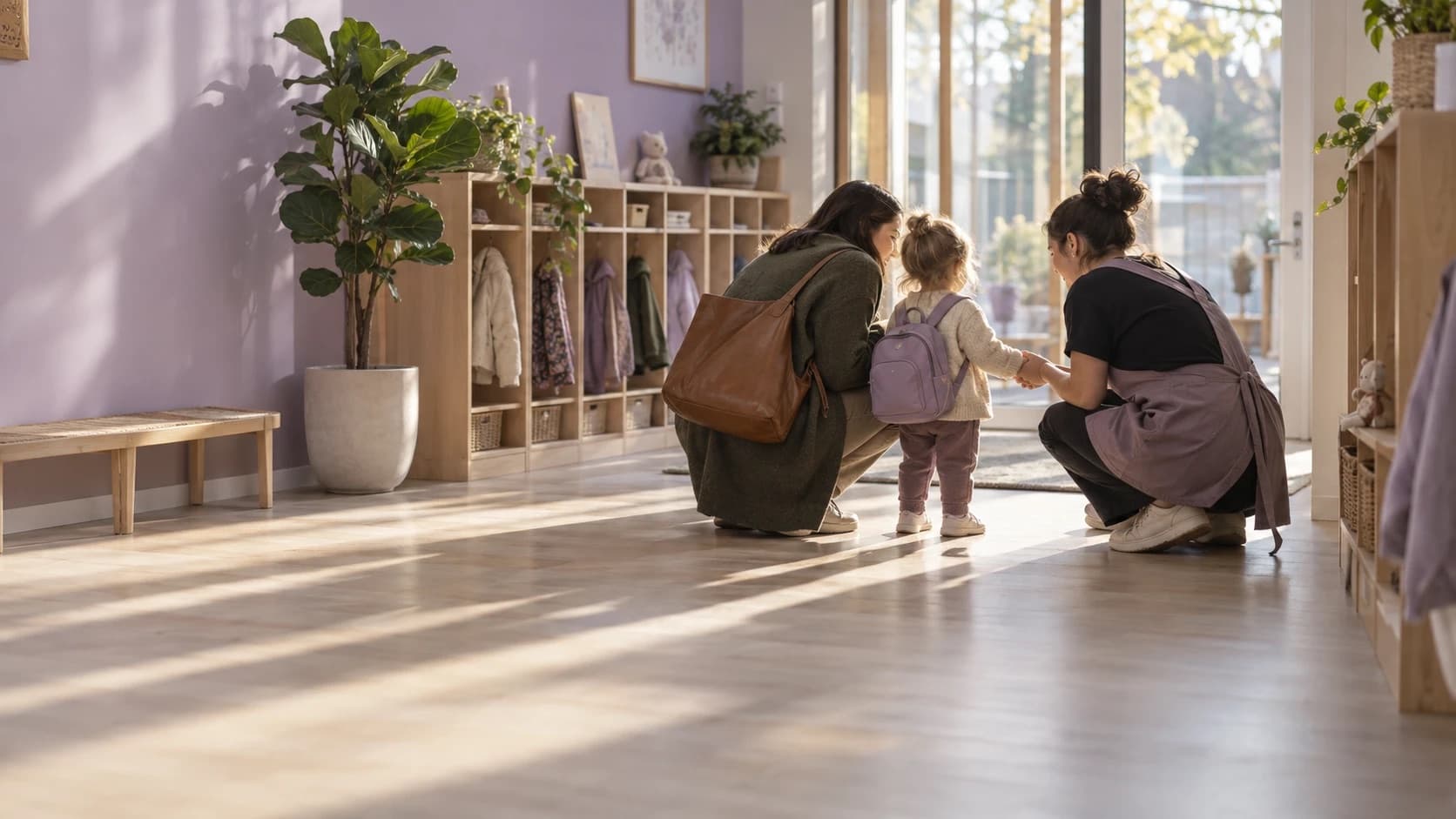 A parent and a caregiver crouch to say goodbye to a toddler in a sunlit childcare entrance hall