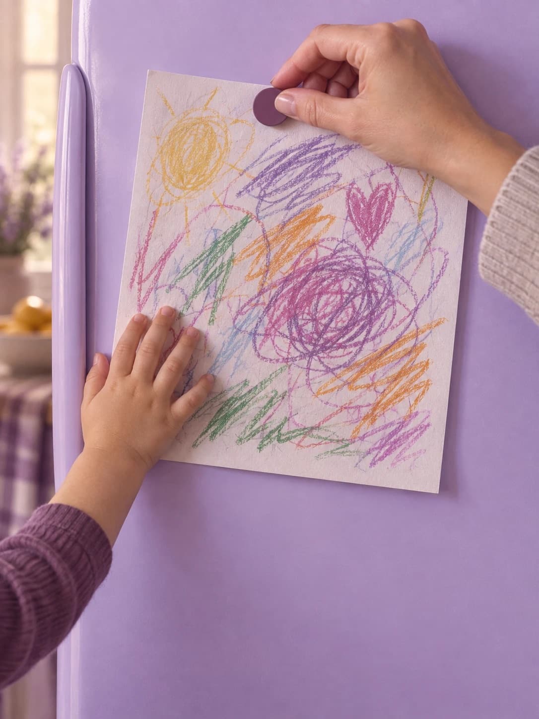 A parent and a child pinning a crayon drawing to a lilac fridge