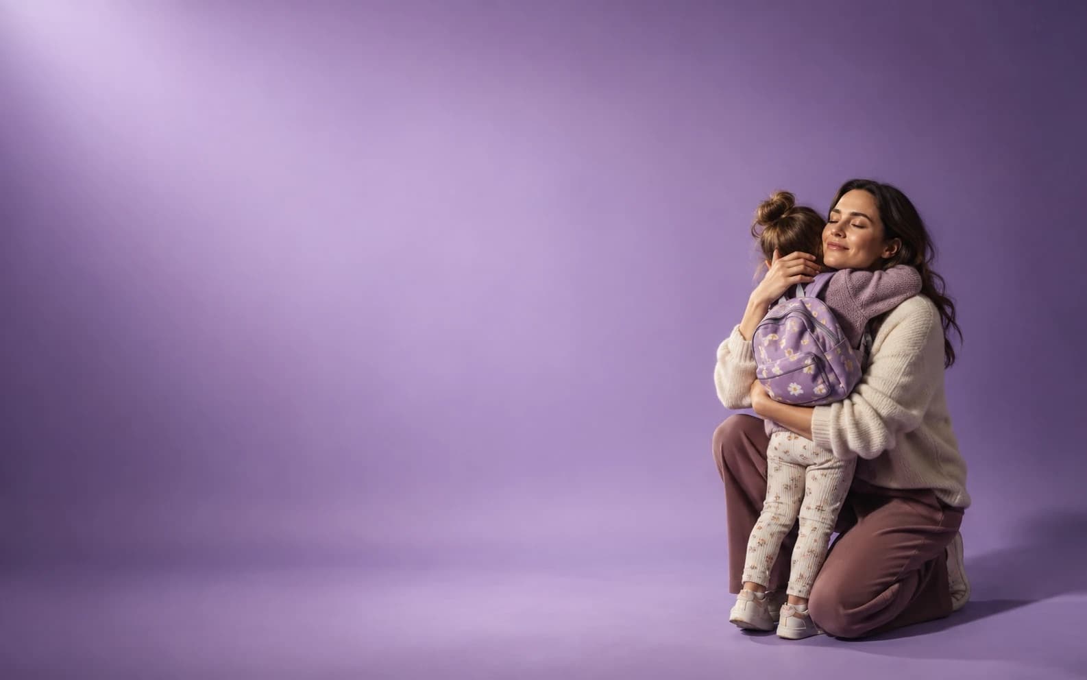 A parent kneeling to hug a preschooler who still has a backpack on